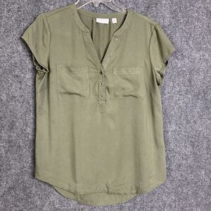 New York & Co V-Neck Pullover Top Women S Olive Cap Sleeve 1/4 Button Pockets